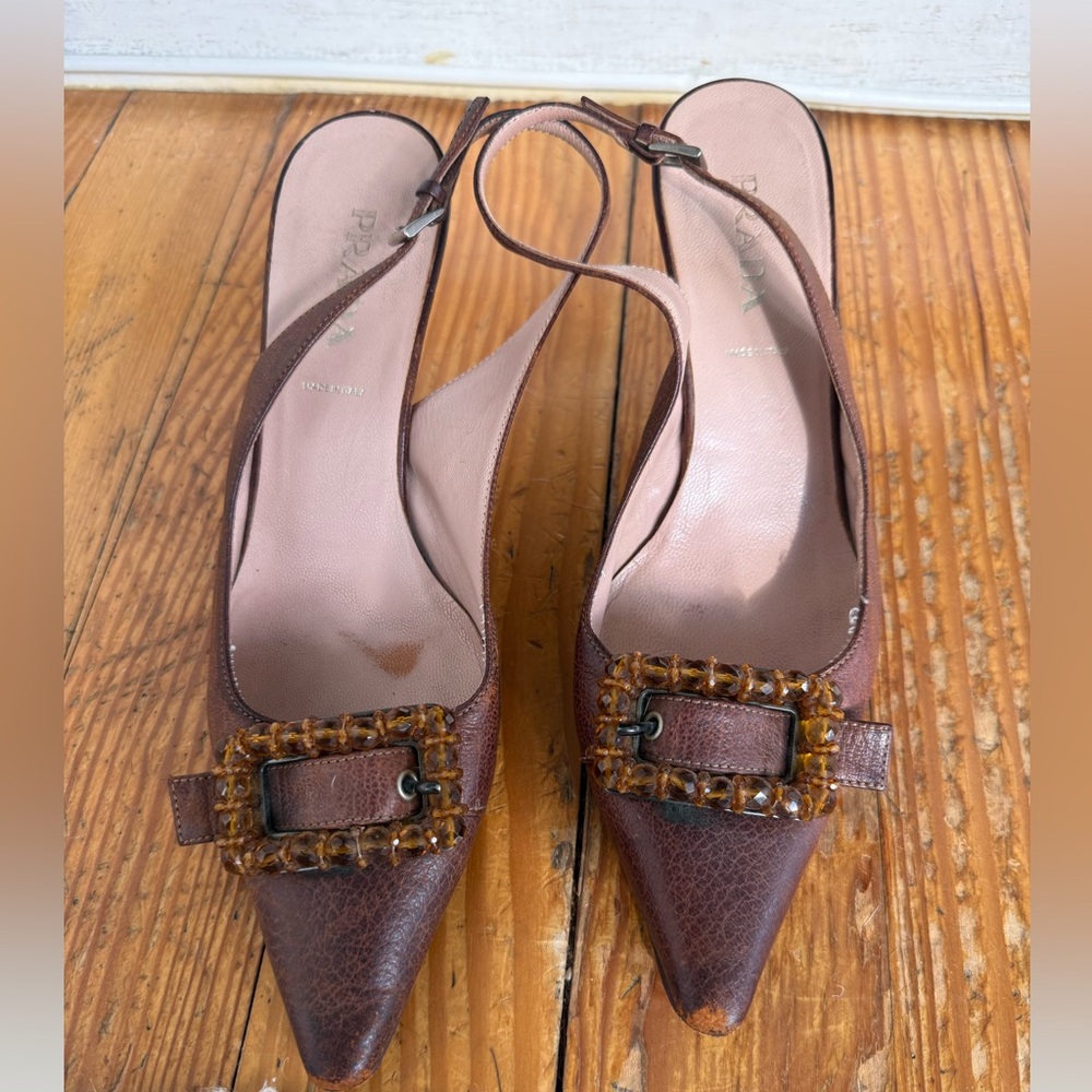 Prada Dark Brown Slingback Heels with Buckle